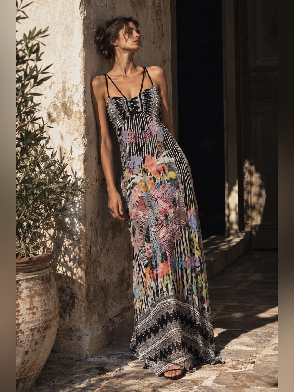 Save The Queen Italy Silk Abstract Floral Print Strappy Maxi Dress